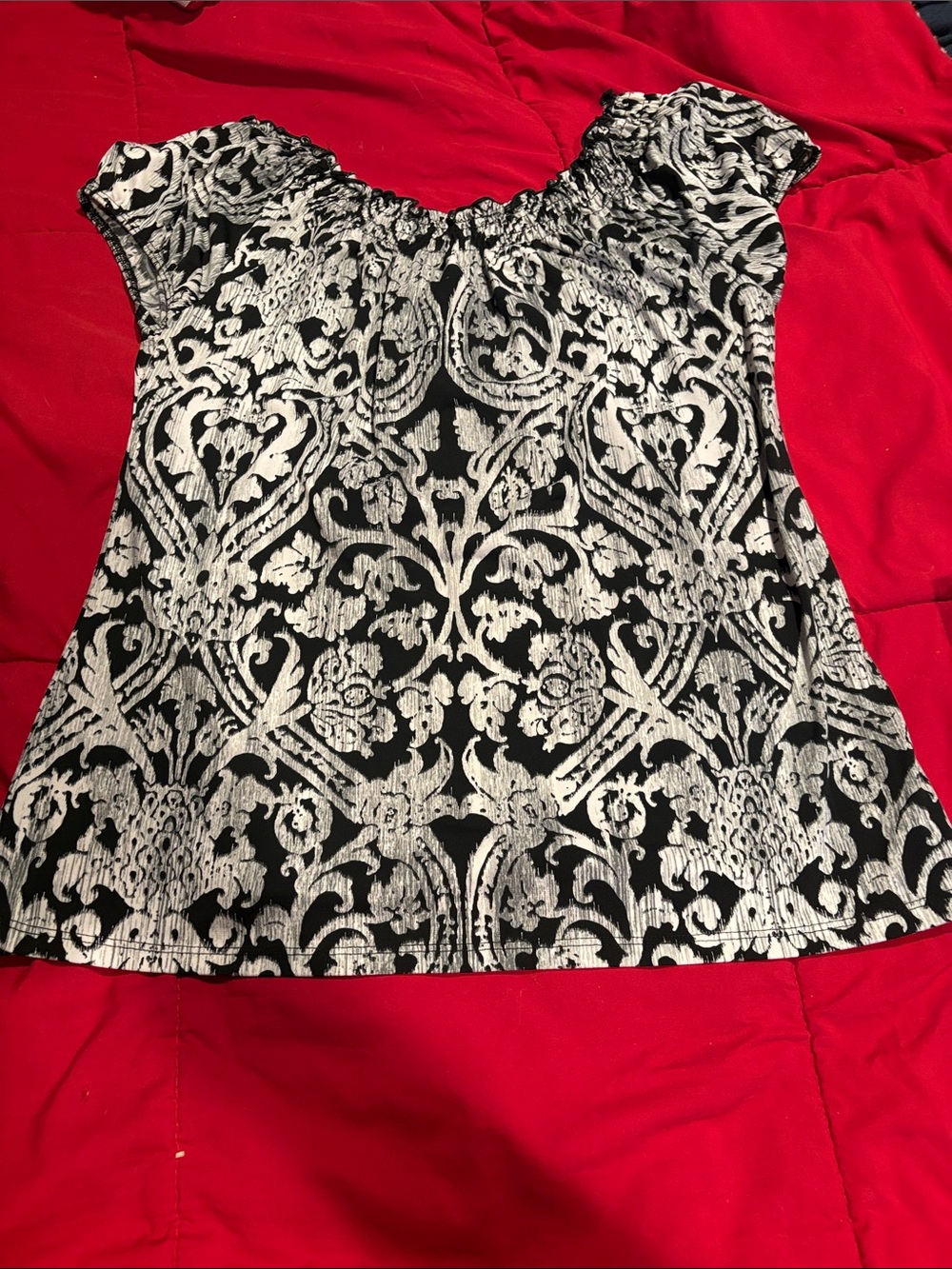 Carol Rose Black and White Damask Short Sleeve Blouse